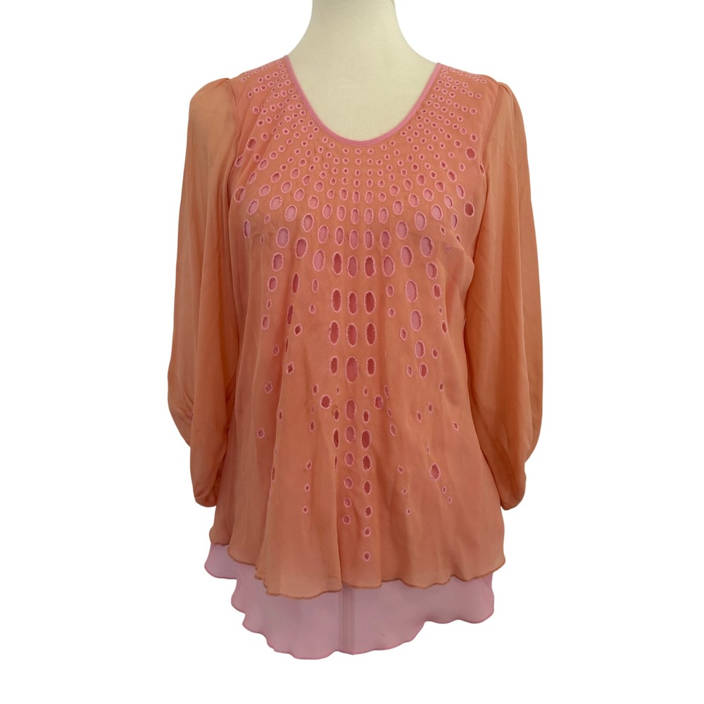 Sundance Orange Pink Eyelet Overlay Sheer Blouse Top Womens Size S Cut Out